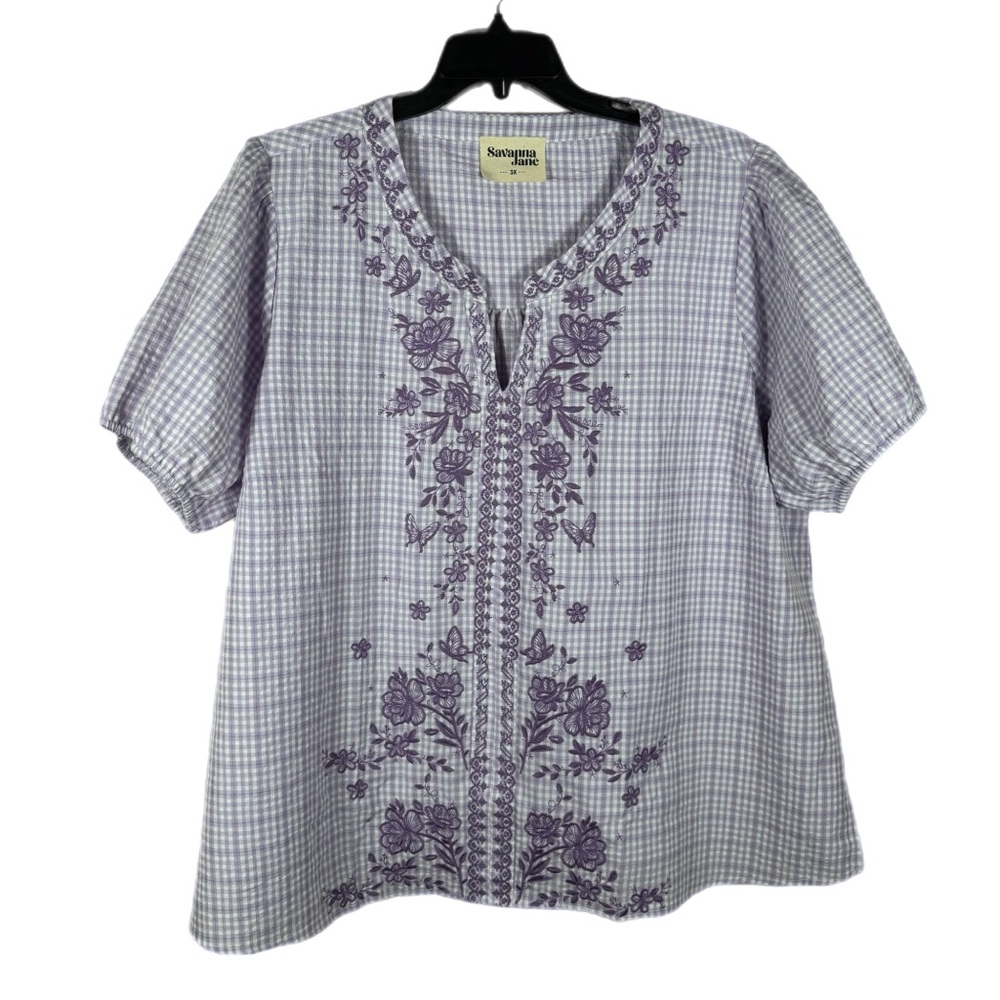 Savanna Jane Gingham Embroidered Seersucker Puff Sleeve Top 3X Lavender Boho